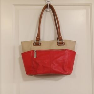 Cute Mid Sized Leather Red with Cream Trim Tignanello Hobo Style Hand Bag